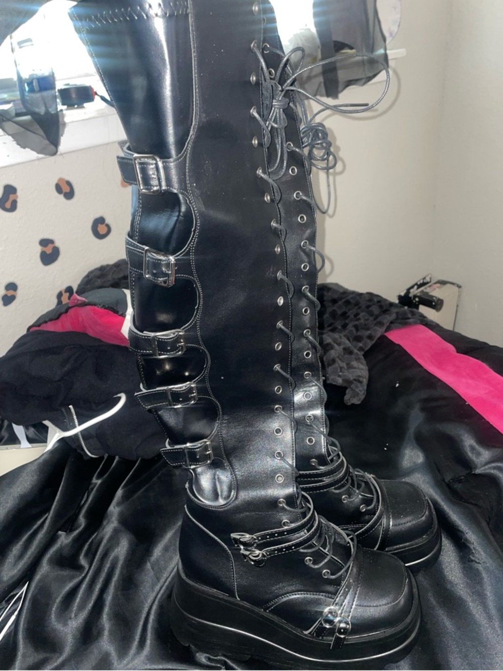 Chunky Platform Lace-Up Knee-High Boots - Black